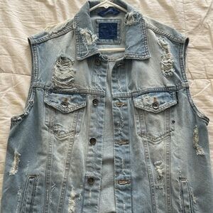 Zara Light Blue Distressed Denim Vest
